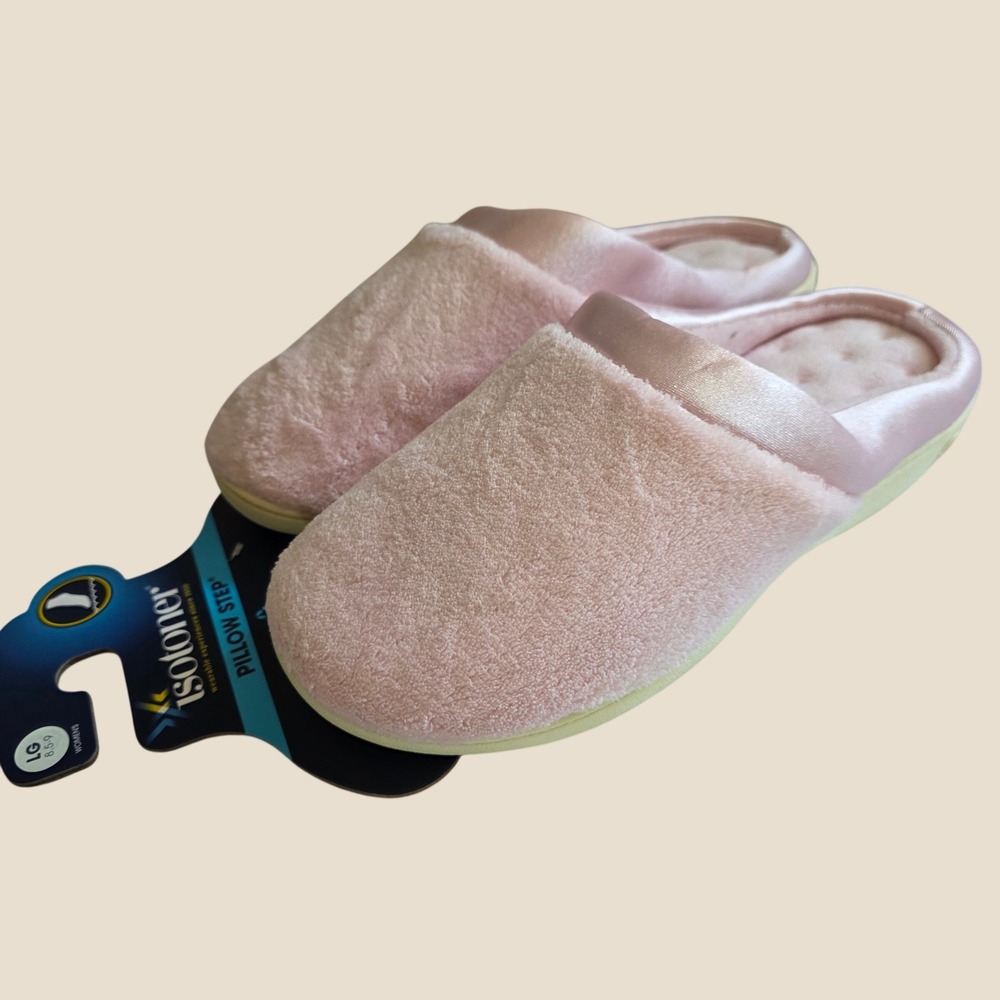 Isotoner Womens Pillow Step Slippers Size Large 8.5-9 Pink Terry Satin Clog